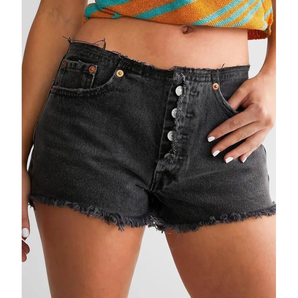 Levi's 501 Ripped Waist High Rise Cutoff Denim Shorts Size 29 Black Raw Hem Y2K